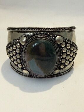 Handcrafted Green Stone Silver-Tone Cuff Bracelet